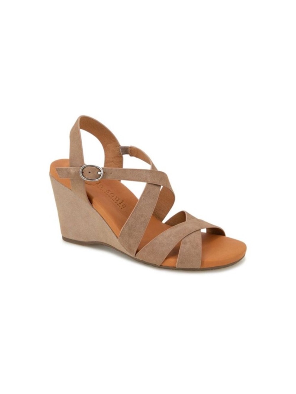 Gentle Souls Women's Taupe Suede Wedge Sandal - Strappy Buckle Design